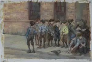 Boys playing marbles in street scene.