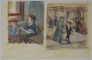 Two scenes of children, one in school, one outside.