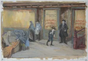 Painting of people in a street scene.