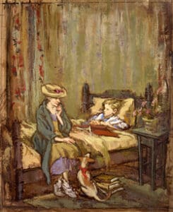 Woman reading to a child in bed.