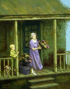 Woman and child on porch with flowers.