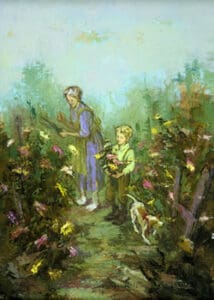 Woman and child gathering flowers in garden.