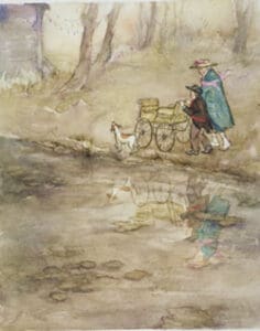 A woman, child, and dog walk by a stream.