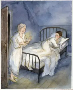 A woman holds a candle over a boy in bed.