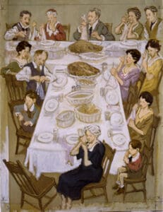 A large family gathers for a holiday meal.