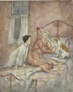 A boy, woman, and dog in a bedroom.