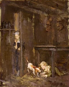 Two children and a dog in a room.