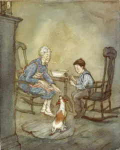 A grandmother, boy, and dog by a table.