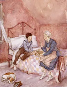 A boy and a woman playing on a bed.