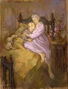 A grandmother hugs a child in bed.