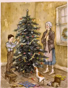 Boy and grandmother decorating a Christmas tree.