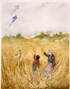 Two children flying kites in a field.