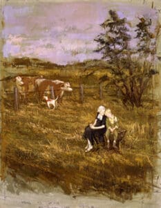 Two children sitting on a bench in a field.