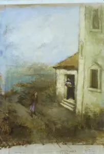 Woman approaches a man by a church.