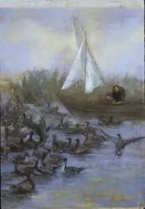 A lone sailboat surrounded by a flock of birds.