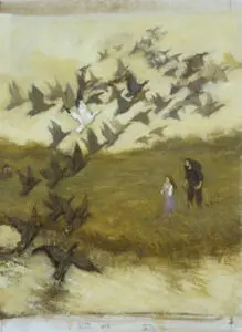 Two figures watch birds flying in formation.