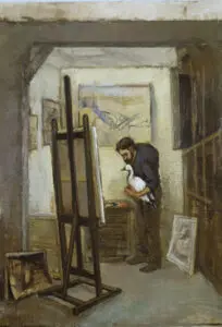 An artist in his studio with a goose.