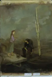 Girl on a dock with a man in a boat.