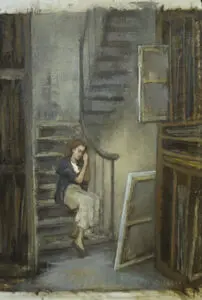 Woman sitting on stairs in a studio.