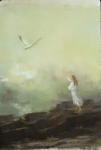 A girl reaches towards a flying seagull.