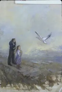 Man and girl watch a seagull fly.