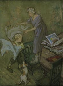 Woman and child playing with a sheet.