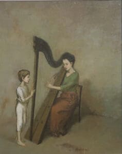 A woman plays the harp for a boy.