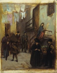 Painting of people in a crowded street.