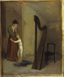 A woman and child grieve in a room.