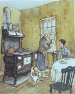 A woman and boy in a kitchen with a dog.