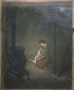 A woman and child huddled by a stove.