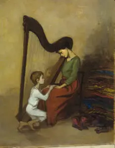 A woman and a boy with a harp.