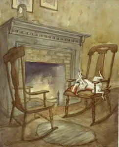 Dog relaxing by a fireplace in a rocking chair.