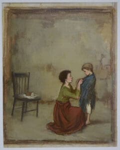 Woman kneeling and dressing a child.