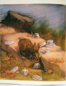 A rabbit amidst scattered teacups and saucers.