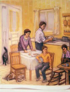 A family of four eating in their kitchen.