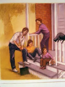 A family on their porch with a cat.