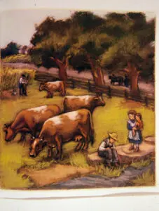 Two children watch cows in a field.