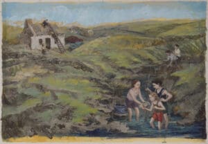 Children fishing by a cottage and stream.