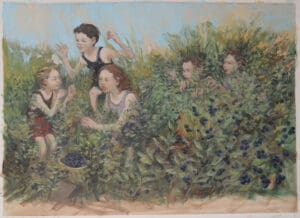 Children picking berries in a field.