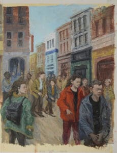 Painting of people walking down a city street.