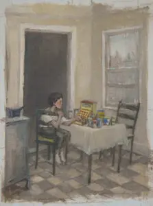 A person sitting at a kitchen table.