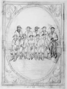 Black baseball team portrait, pencil sketch.