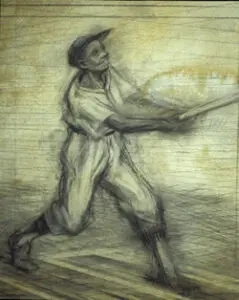 A baseball player swings a bat.